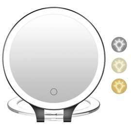 Espejo de aumento de 10 x 1 x doble cara, espejo de tocador de maquillaje recargable con 3 ajustes de color, rotación ajustable, espejo de escritorio LED negro