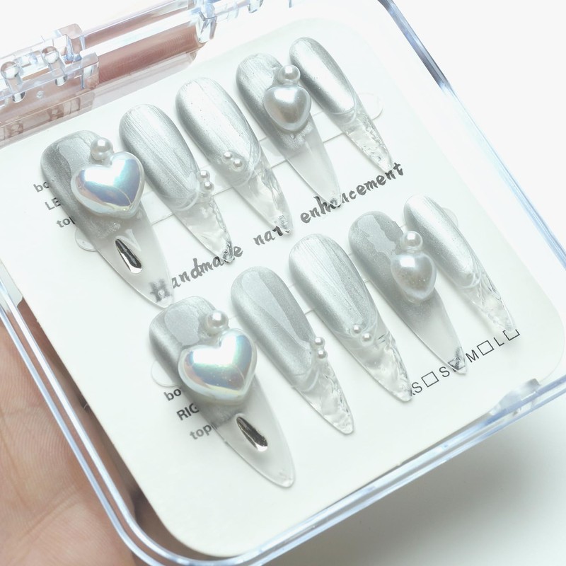 Handmade Nails Press on Long Pointed tip black Hand Painted