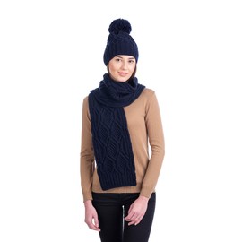 SAOL – Sombrero de lana merina irlandesa Aran Cable de punto para mujer, Marino, Talla única