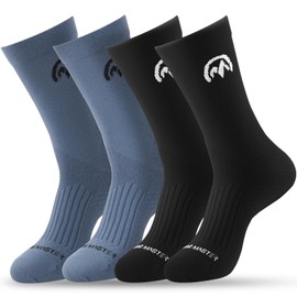OutdoorMaster 4 Pack Cycling Socks, Compression Cushioned Bike Socks, Athletic Tall Crew Hiking Running for Men & Women (M- 2 x Blue, 2 x Black)