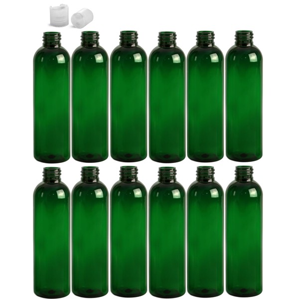 Premium Essential Oil 8 Ounce Cosmo Round Bottles, PET Plastic Empty Refillable BPA-Free, with Natural Color Press Down Disc Caps (Pack of 12) (Green)