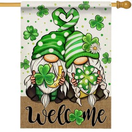 Hzppyz Welcome St. Patrick's Day Gnome House Flag Double Sided, Lucky Shamrock Clover Polka Dot Decorative Garden Yard Outdoor Large Decor, Horseshoe Irish Rustic Burlap Home Outside Decoration 28x40