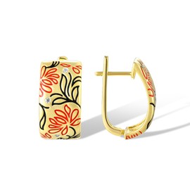 Santuzza 925 Sterling Silver Red Lotus Earrings Cubic Zirconia Enamel Flower Leaves Dangle Earrings for Women