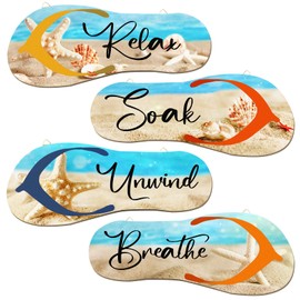 Kathfly 4 Pieces Beach Bathroom Decor Wooden Flip Flop Decor Coastal Wall Hanging Sign Relax Soak Unwind Breathe Wall Art Summer Rustic Plaque for Living Room Laundry Spa Room