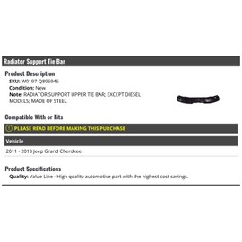 Marketplace Auto Parts - Upper Radiator Support Tie Bar - Compatible with 2011-2018 Jeep Grand Cherokee