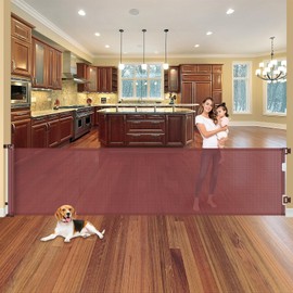 110 Inch Retractable Baby Gates Extra Wide Dog Gate for Large Openings Indoor Retractable Dog Gate Outdoor Retractable Gate Extra Long Baby Gate for Doorways Large Dog Gate for Stairs Deck Gate, Brown