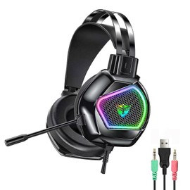 I&H Wired Gaming Headset with Mic, Over-Ear Noise Canceling Headphones with LED Light for Computers, Black