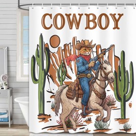 MCKTOM Western Shower Curtain Vintage Cactus Funny Cowboy Cat Riding Horse in Desert Farmhouse Country Shower Curtain Bathroom Decor Waterproof Fabric Bath Curtain with 12 Hooks 71X71inch.