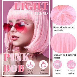 LIULIUBTY Black Bob Wig for Women, 10" Heat Resistant Synthetic Hair, Straight Bangs, Daily/Party Wear (Pink)