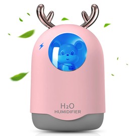 IQeer Portable Mini Humidifier,300ml Small Cool Mist Humidifier,USB Desktop Humidifier for Office,Bedroom,Home,Plants,Car,Baby,Kids Room with Auto Shut Off & Night Light - Cute Quiet Humidifier
