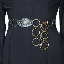 NONGFUGE Fashion Hoop Waist Chain Belt Concho O Ring Adjustable Metal Faux leather Body Link Chain Belt for Jeans Dresses