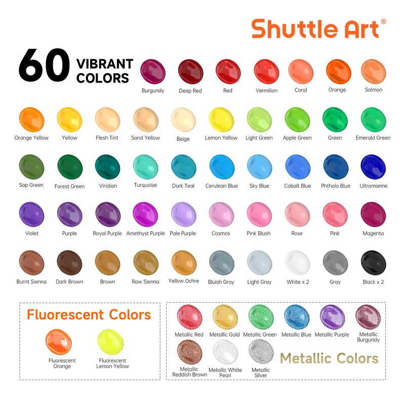72 Pack Acrylic Paint Set, Shuttle Art 60 Colors Acrylic