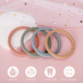 Socub Silicone Baby Teether Toy, 4 Pack BPA Free Soft Silicone Teether Bracelets for 3+Month Babies, Wearable as Bracelets, Baby Chew Toy (Sage/Ether/Muted/Apricot)