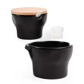 Autumnlife Milk and Sugar Set Made of Ceramic, Black Milk Jug & Sugar Bowl with Wooden Lid and Spoon, Stackable Milk Container for Older and Sugar Container Set for Kitchen and Coffee