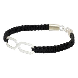 NOVICA Artisan Handmade Leather Sterling Silver Bracelet Infinity Symbol Pendant on Black Wristband No Stone Thailand Inspirational [bracelet 7.5 in L 5 mm W Pendant(s) 1.3 in L x 0.4 in W] '