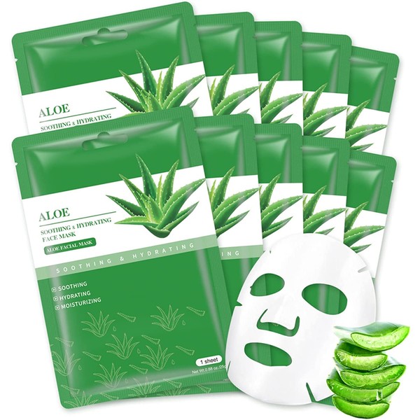 Aloe Vera Soothing Mask Hydrating Face Masks Skincare Moisturizing Facial Sheet Mask Skin care for Dry, Oily, Sensitive Skin Face Mask for Acne, Sun Care, Calming, 25ml/0.88oz, Pack of 10