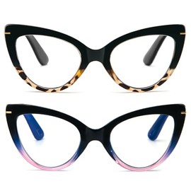 MMOWW Cat Eye Reading Glasses for Women - 2 Pairs Fashion Cute Blue Light Blocking Readers, Black Tortoise/Blue Pink +2.0