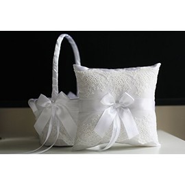 Alex Emotions White Flower Girl Basket & Ring Bearer Pillow Set Lace Collection | White Ring Holder | White Wedding Basket
