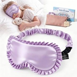Kids Silk Sleep Mask, 22 Momme 100% Mulberry Silk Eye Mask for Sleeping with Storage Bag, Adjustable Strap Blackout Eye Cover, Cute Ruffle Soft No Pressure Eye Shade for Boys Girls Ages 5+ (Purple)