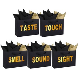 STOBOCTER 5 Senses Gift Bags for Him Her Five Senses Gift Bags with Ribbon Handles and Tissue Paper Present Wrappings for Valentine Wedding Anniversary Birthday Graduation(Black, 12.6''x8.8''x4'')