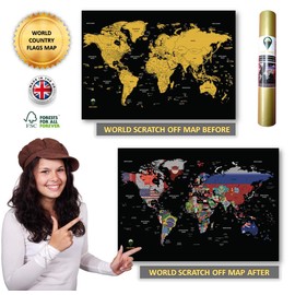 Global Walkabout Scratch Off Map with Flags background – Deluxe Travel Size World Map Poster – Countries and Facts – Travel Gift (Black)