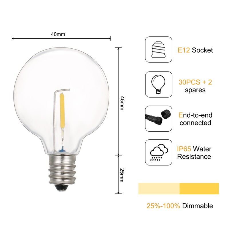 Neoglint 10.9M/35.7Ft G40 Outdoor String Lights 30+2(Spare) LEDs Globe Bulbs