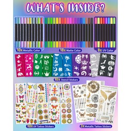 Temporary Tattoo Markers for Skin, 36 Pcs Dual-Tip Matte & Metallic & UV Glow Tattoo Pens, Skin-Safe Tattoo Kit with Tattoo Stencils & Stickers, Washable Body Markers for Kids Teens Adults