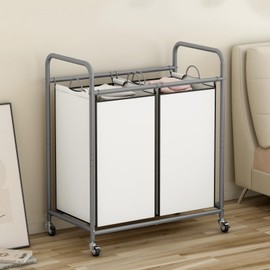 SUOERNUO Laundry Sorter Basket 2 Bag Laundry Hamper Cart with Rolling Removable Bags Laundry Organizer Cart for Clothes Storage, Beige (2 Bags, Beige)