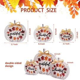 3 Pcs Thanksgiving Pumpkin Signs Wooden Table Ornaments with Colorful Fall Maple Leaves 3 Sizes Thanksgiving Blessed Grateful Thankful Table Decorations for Living Room, Home Office, Table