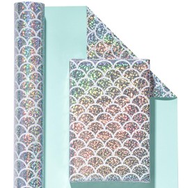 WRAPAHOLIC Reversible Wrapping Paper - Mini Roll - 17 Inch x 33 Feet - Scal with Colorful Foil and Solid Light Mint Design for Birthday, Baby Shower, Party, Holiday