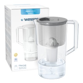 Wessper Wasserfilter Kanne Grau Filterkanne 2,5L inkl 1 Filterkartusche Kompatibel mit BRITA Classic | Wasserfilterkanne Tischwasserfilter Moderne Water Filter Jug Reduziert Chlor Kalk Schwermetalle