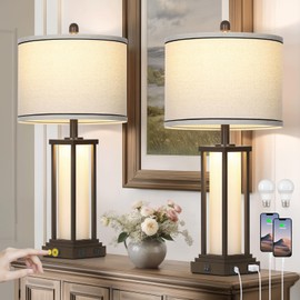 luxeflow 27in Tall Farmhouse Table Lamp Set of 2 with USB C+A & Outlet,Brown Industrial End Table Lamp for Living Room,Vintage Rustic Bedside Lamps with Night Light for Bedroom Nightstand,Brown