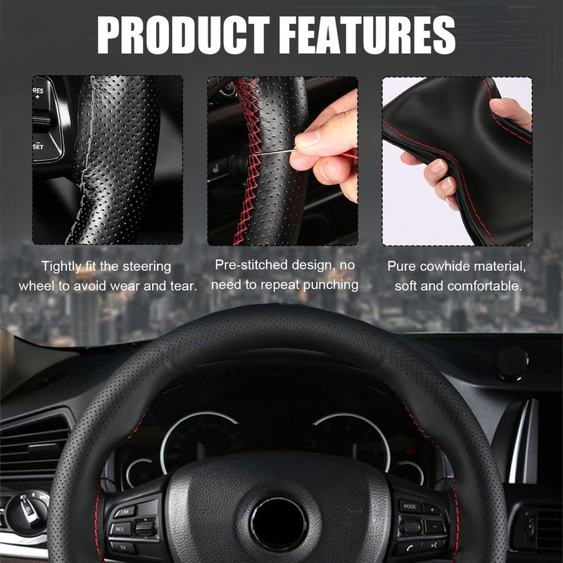 Wevdn Genuine Leather Steering Wheel Cover, Stitch on Wrap, DIY