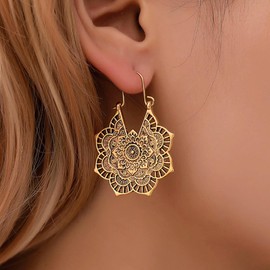 Atentuyi Boho Filigree Hoop Earrings Silver Gypsy Earrings Tribal Vintage Earrings Flower Drop Dangle Earrings Statement Earrings Mandala Flower Earring Jewellery for Women and Girls, Alloy Steel