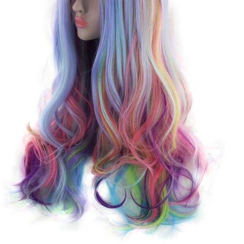 Lurrose Wig Long Wavy Rainbow Colours Curly Wig for Festivals