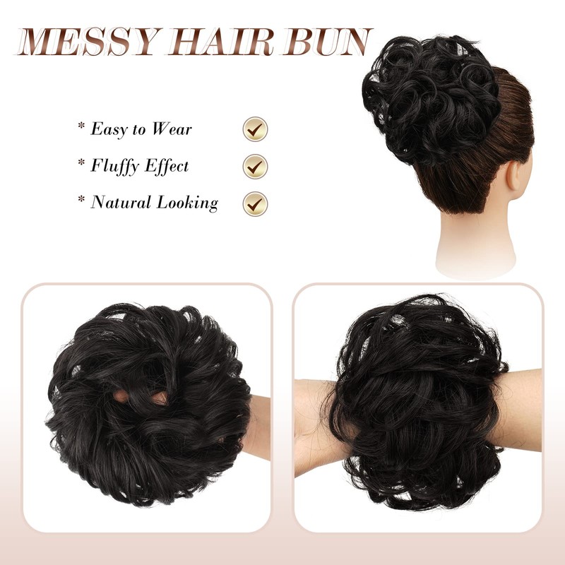 FESHFEN Messy Bun Hair Pieces - Large Wavy Curly Elastic
