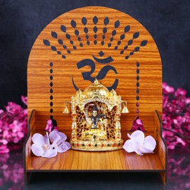 SATVIK 1 Pc DIY MDF Puja Mandir Set Easy to Build Om Design Pujan Ghar Temple Table Top God Sihasan Indian Hindu Festive Diwali Wooden Pattern Bhagwan Darbar Home Office Décor Portable Pooja Stand