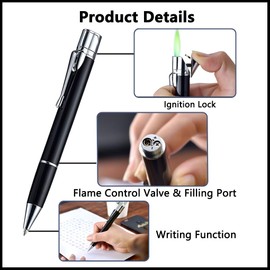 Butane Torch Lighter - Ballpoint Pen Lighter, Windproof Solar Beam Torch, Refillable Adjustable Green Flame Cool Lighter for Candle Camping BBQ Kitchen, Mens Gifts (Without Gas) (Black)