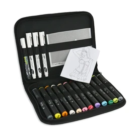 GRAPH'IT Marker Essentiels Manga Pen Case with 12 Alcohol Markers Dual Tip for Manga and Illustration Fine and Slant Tip 3 Black Liners 1 White Marker + 1 Manga A6