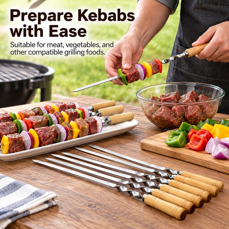 6-Piece 55cm Stainless Steel BBQ Skewers for Grilling – Reusable