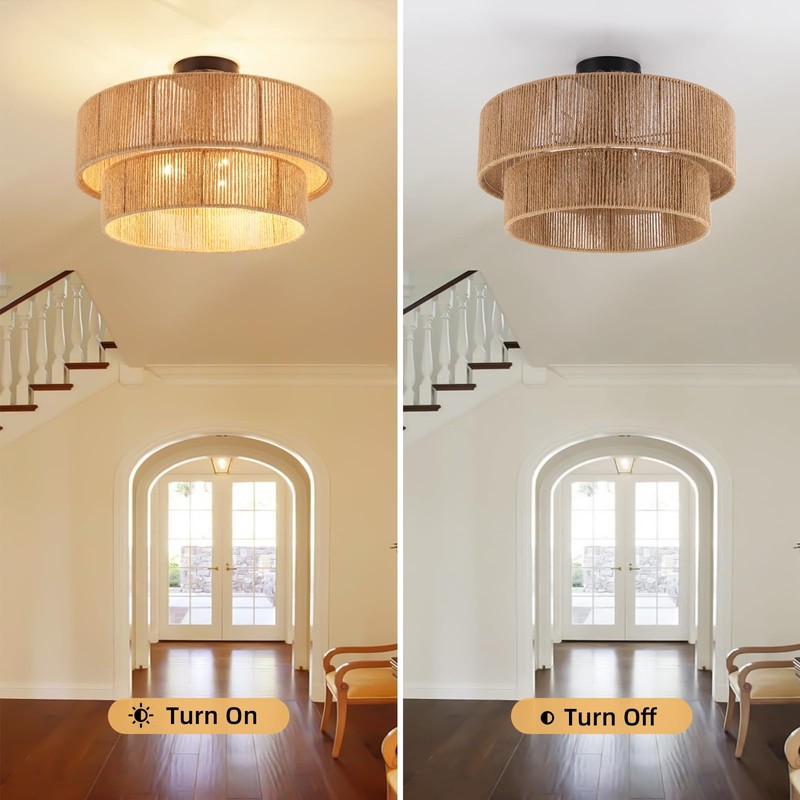 Fenluster Boho Semi Flush Mount Ceiling Light Rattan Ceiling Light