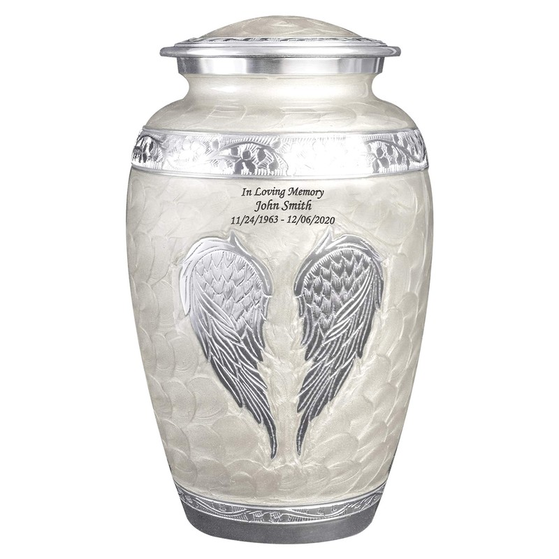 White Angel Wings Funeral Cremation Urn with Mathcing Keepsake Velvet