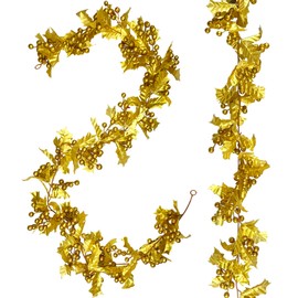 NoriStyle Gold Christmas Garland for Christmas Tree Indoor Mantle Decorations Clearance, 2 Pack Gold Holly Leaves Garland with Golden Berry for Christmas Staircase Indoor Outdoor Decoration