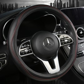 AEVEA Genuine Leather Steering Wheel Cover, Black Real Cowhide for 14.5-15 Inch Steering Wheels, Universal Fit for Cars and Trucks (BlackRed)