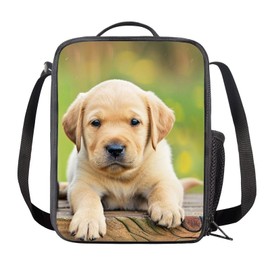 Salabomia Labrador Lunch Bag for Kids Adult, Lightweight Tote Lunch Box for Picnic School Work, Dog Print Insulated Food Bag with Side Pocket & Shoulder Strap, Brown