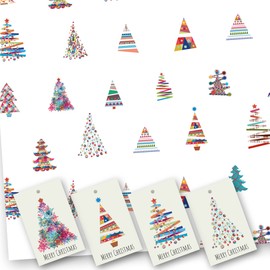 Christmas Wrapping Paper. 8 XL Sheets (50 x 70cm). Colourful Tree design. Gift Wrap with matching Tags. Cutting grid on reverse.