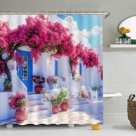Ocean Coastal Landscape Shower Curtain Santorini Greece European Nature Landscape Italian White Architecture Purple Flower Mediterranean Bathroom Curtain Set Polyester Fabric Hook 70 X 70 Inch