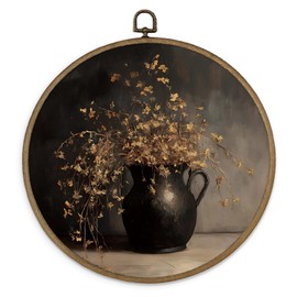 Gnmduw Rustic Floral Wall Art Framed, Autumn French Country Botanical Round Hanging Wall Decor, Moody Warm Vase Canvas Prints Art for Cottage Living Room Bathroom Bedroom, 10x10 Inch