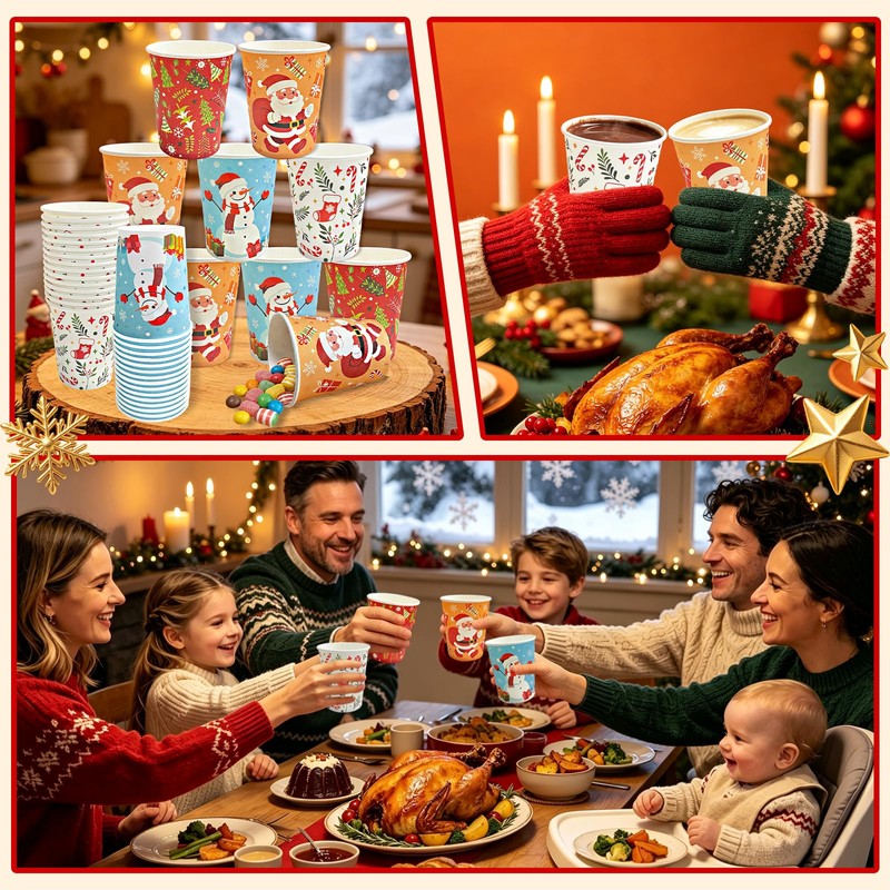 60 Pcs Christmas Paper Cups Disposable, 9 oz Xmas Coffee