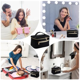 Makeup Bag Travel Cosmetic Bag Large Toiletry Bag with Handle Brush Compartment Wash Bag PU Leather Make Up Bag Organiser Bag for Girls and Women Travel Toiletry Makeup Organizer